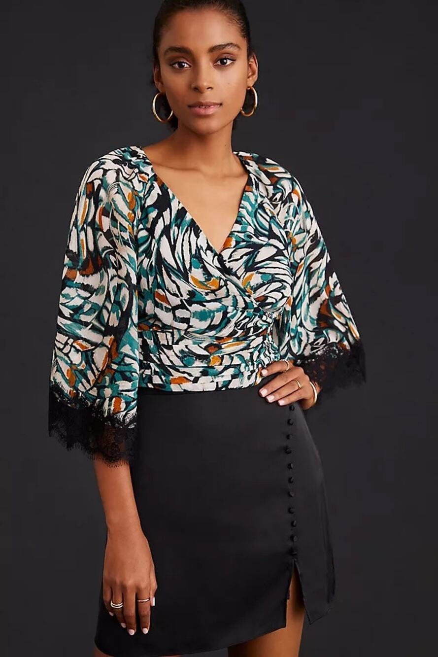Anthropologie Flutter Lace Sleeve Wrap Top Womens Small Printed Kimono Blouse